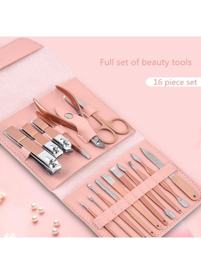 مجموعة العناية بالاظافر الاحترافية من 16 قطعة من الستانلس ستيل مع حافظة من جلد البولي يوريثين، ادوات احترافية متعددة الوظائف للرجال والنساء (بينك) - Image 2